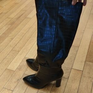 Black Croc-Embossed Knee-High Heeled Boots - Women